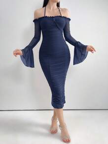 Modelyn Damen Einfarbiges Kleid mit Rüschen, Mesh-Kontrast und Halter-Langarm