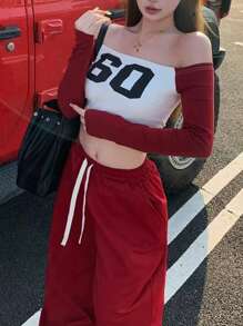 INAWLY 2pcs Women Spring/Autumn Digital Print Off-Shoulder Cropped Top And Drawstring Waist Wide Leg Pants Sets