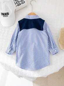 Baby Girl Striped Long Sleeve Dress & Navy Blue Shawl Winter Set - Blue - View 2