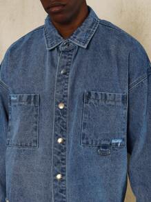 SUMWON Crop Long Sleeve Washed Raw Edge Denim Shirt With Applique At Back - Blue - View 3