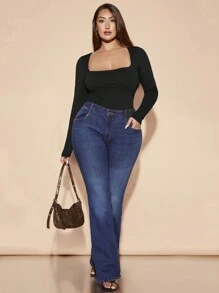 SHEIN BAE 大码秋季咖啡棕色方领收腰长袖针织连体衣休闲性感日常紧身衣适合日常外出约会通勤秋季女装 - 黑色 - 查看 6