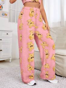 Muchica Women's Autumn/Winter Loose Bear Pattern Plush Pants - Pink - View 3