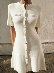 INAWLY Women's Solid Color Front Button Short Sleeve Faux Pocket Minimalist Casual Mini Dress