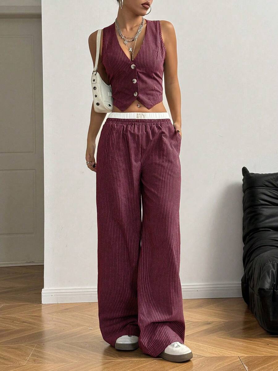 StreetHx 1 Set Women Striped Single Breasted Vest And Pocket Wide Leg Loose Casual Pants Suit