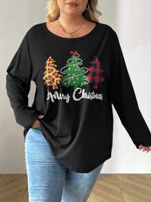 SHEIN CURVE+ Plus Size Christmas Tree Print Round Neck Long Sleeve T-Shirt, Casual Daily Wear - Black - View 8