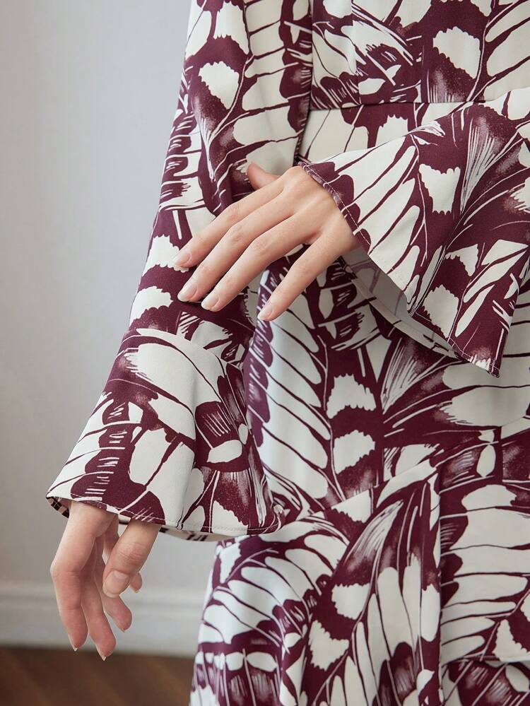 ALLOVER PRINT BELL SLEEVE LAYERED RUFFLE TRIM DRESS WITHOUT BELT
