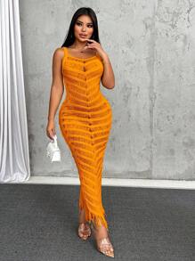 Zolique New Fashion Sexy Casual V-Neck Hollow Out Tassel Hem Long Knitted Dress - Orange - View 6