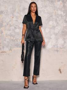 Glamine Blazer court à manches courtes à deux poches avec nœud à la taille, simple pour femmes