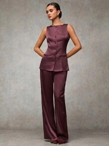 SHEIN BAE Women Chestnut & Burgundy Plain Front Button Sleeveless Casual Top & Pants Set