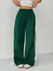 SHEIN PETITE 女士松紧腰侧条纹阔腿宽松休闲裤 - 墨綠色 - 查看 3