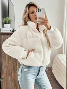 SHEIN LUNE Women's Solid Color Raglan Sleeve Long Sleeve Pocket Zip Front Short Casual Down& Feathers Jacket, Winter