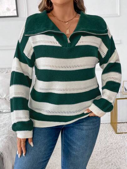 SHEIN LUNE Plus Size Women Green & White Patchwork Polo Neck Loose Fit Long Sleeve Pullover, Casual Home & Daily Wear Knit Sweater For Autumn Winter