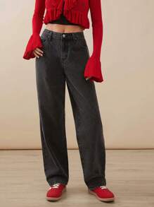 WESTFADE Jeans rectos de cintura media de algodón de mezclilla premium de los años 90 - Negro - Ver 2