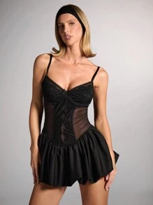 SHEIN BAE 女式芭蕾舞裙圆领无袖优雅迷你连衣裙、黑色返校节礼服、返校节礼服、短礼服、黑色迷你连衣裙、短礼服、万圣节服装、万圣节礼服、海盗礼服、吸血鬼礼服、猫女服装 - 黑色 - 查看 3