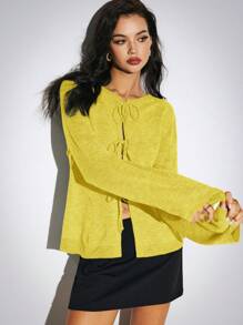 Poéselle Bow Tie Cardigan, Tie Front Knitted Cardigan, Loose Cardigan Sweater, Autumn Sweater, French Sweater, Yellow, Christmas Sweater, Plush Sweater - Yellow - View 2