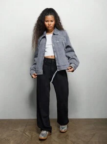 SUMWON WOMEN 破旧卡车司机夹克复古风拉链前开式街头潮流秋冬时尚休闲外套摇滚垃圾摇滚风格日常必备