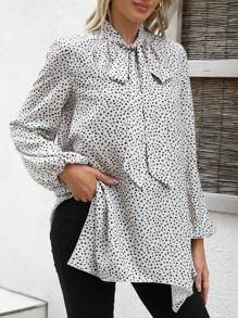 SHEIN Clasi Blusa elegante de manga farol con cuello de lazo y estampado de lunares para mujeres en primavera y verano