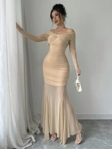 Firerie 女士优雅露肩网眼扭纹荷叶边腰连衣裙，秋季 - 杏色 - 查看 5