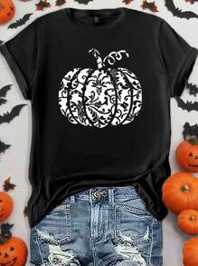 SHEIN LUNE 女士万圣节南瓜印花 T 恤 - 黑色 - 查看 1