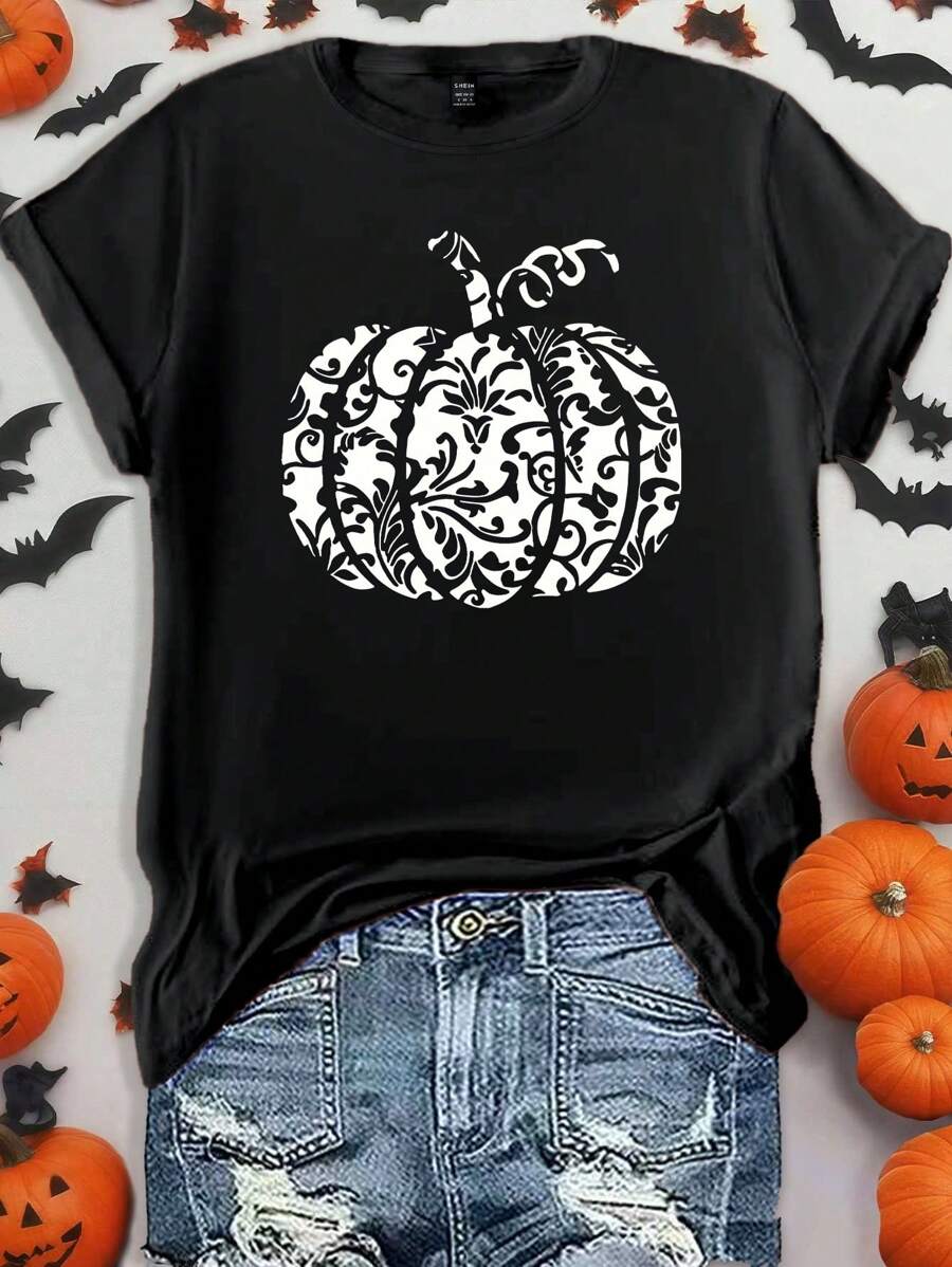 SHEIN LUNE 女士万圣节南瓜印花 T 恤 - 黑色 - 查看 1