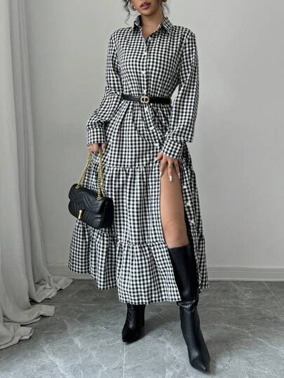 Selianne Casual Front Button Plaid Maxi Shirt Dress For Autumn Fall Cloth For Women
