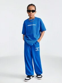 SHEIN Tween Girl Loose Fit Sports Round Neck Short Sleeve T-Shirt And Jogger Pants Set With Letter Print
