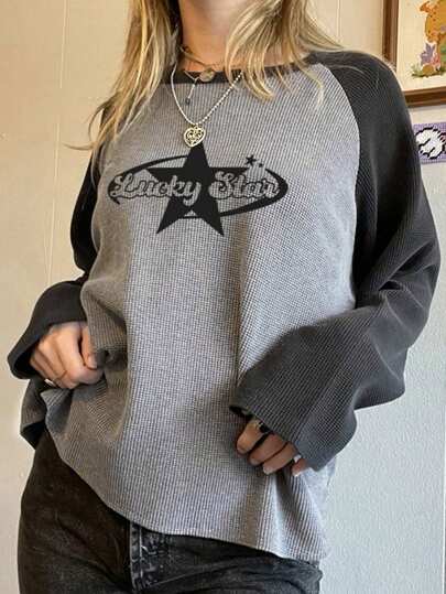 INAWLY 大码休闲拼色字母和星星印花 T 恤，秋季图案 T 恤女式上衣