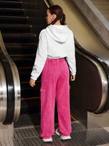 SHEIN Explorewe Áo khoác nỉ trùm đầu cho bé gái tuổi teen và quần jeans ống đứng màu hồng giặt rộng rãi, thời trang thường ngày - trắng - Xem 2