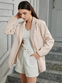 SHEIN Privé Notched Collar Commuting OL Style Versatile Pocketed Drawstring Long Sleeve Jacket, Autumn/Winter Fall Cloth For Women - Apricot - View 4