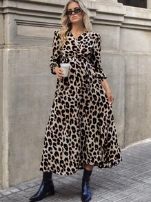 SHEIN Vestido de maternidad elegante de cuello en V, manga farol, estampado de leopardo para primavera y otoño
