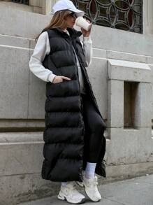 EURMUSE Women's Winter Solid Sleeveless Asymmetrical Pocket Zip Long Padded Coat - Black - View 4