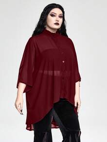 ROMWE Goth 大码时尚蝙蝠袖雪纺衬衫，秋季 - 酒紅色 - 查看 3