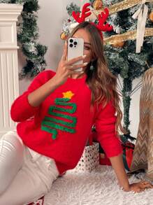 Chiquease Damski luźny sweter z okrągłym dekoltem i wzorem choinki, z długim rękawem i okrągłym dekoltem, idealny na jesień i zimę. Sweter na jesień. - Czerwony - Zobacz 3