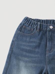 SHEIN Explorewe Tween Girls Y2K 复古风格宽松时尚百搭阔腿牛仔裤 - 中等水洗藍 - 查看 5
