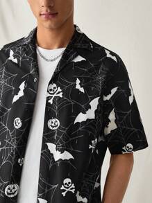 Manfinity VCAY Bộ đồ vest nam 2 món thời trang giản dị, rộng rãi, in họa tiết Halloween, áo sơ mi tay ngắn và quần cạp chun - màu đen - Xem 4