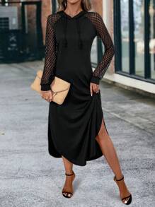 SHEIN Clasi Lace Long Sleeve Dress, Hooded, Dolman Sleeve, Thigh High Slit Fall Cloth For Women - Black - View 1