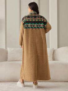 Mulvari Áo nỉ thường ngày họa tiết hình học trơn tay dài có khóa kéo phía trước cỡ lớn, quần áo mùa thu - Màu Khaki - Xem 2