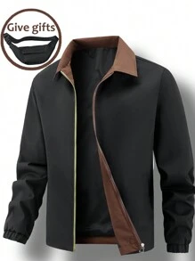Manfinity Homme Men's Contrast Color Lapel Patchwork Zip Up Jacket, Autumn/Winter - Black - View 7