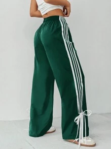 SHEIN PETITE 女士松紧腰侧条纹阔腿宽松休闲裤 - 墨綠色 - 查看 2