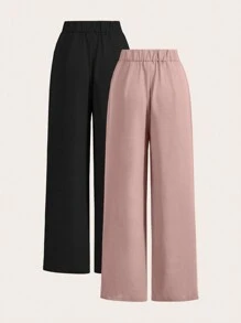 Poéselle Summer High-Waisted Pants Multi-Piece Set, Wide Leg Pants High Waist Fold Pleated Wide Leg Pants, Loose Fit, Long Pants - Pink - View 2