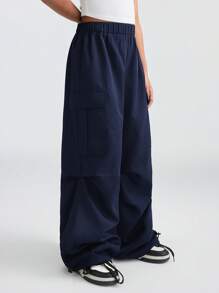 SHEIN 青少年女孩黑色裤子 返校服装 衣服 妈妈和我的 Kpop Y2k 宽腿格子工装裤 足球/排球感恩节万圣节服装圣诞节运动裤 春/秋/冬 - 藏蓝色 - 查看 6