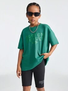 SHEIN Tween Girls' Knit Solid Color Drop Shoulder Short Sleeve T-Shirt And Shorts Casual 2pcs/Set With Letter Print Design - Green - View 1