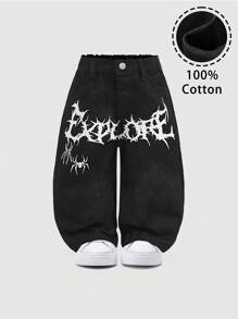 SHEIN 男婴酷炫可爱白色蜘蛛网和蜘蛛印花宽松黑色牛仔裤，适合男婴万圣节和日常服装 - 黑色 - 查看 1