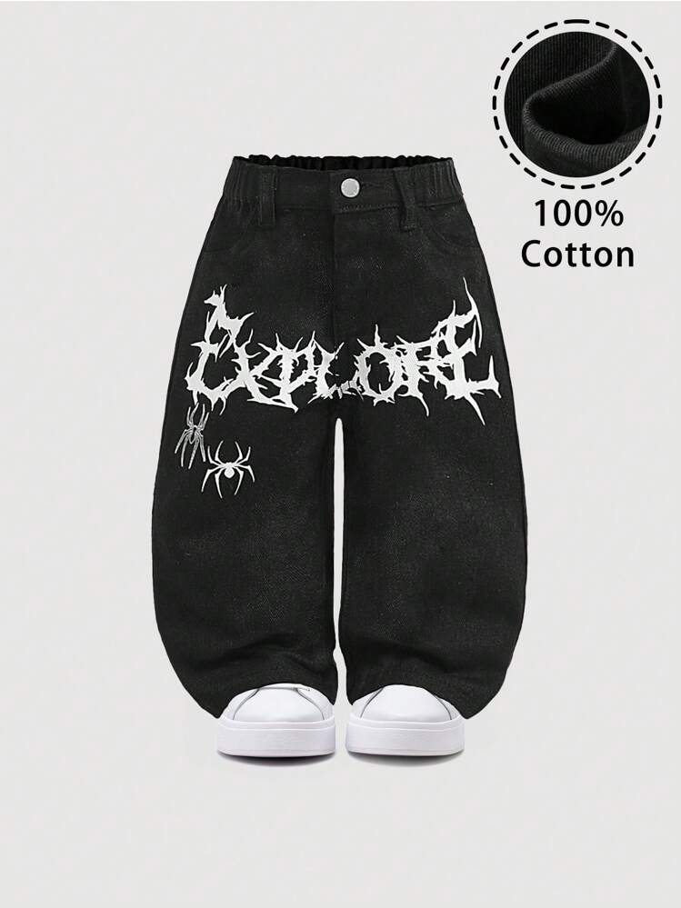 SHEIN Pantalones vaqueros negros de corte holgado con estampado de tela de araña y araña blanca, para bebés niños, ropa de Halloween y diaria - Negro - Añade 1