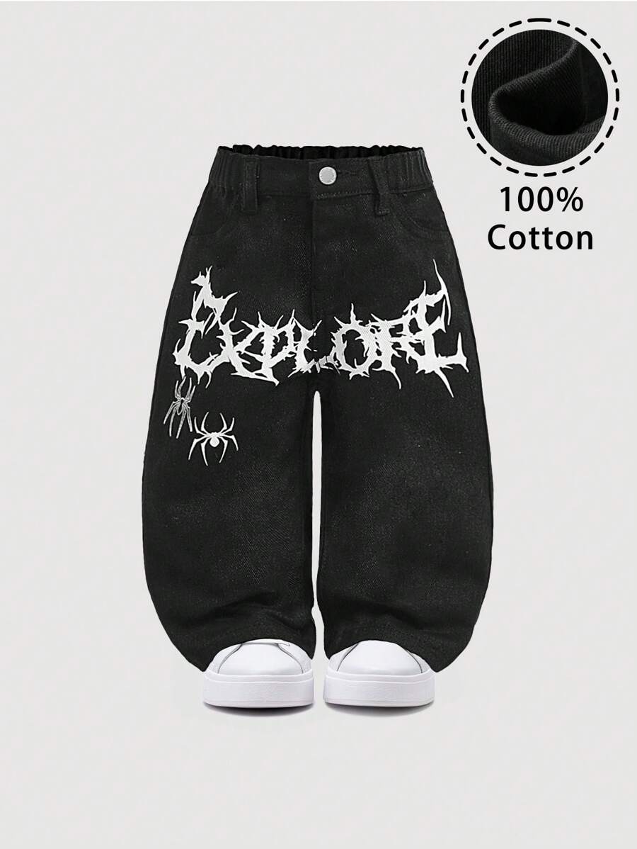 SHEIN 男婴酷炫可爱白色蜘蛛网和蜘蛛印花宽松黑色牛仔裤，适合男婴万圣节和日常服装 - 黑色 - 查看 1