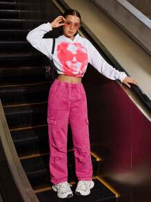 SHEIN Explorewe Áo khoác nỉ trùm đầu cho bé gái tuổi teen và quần jeans ống đứng màu hồng giặt rộng rãi, thời trang thường ngày - trắng - Xem 3