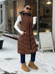 EURMUSE Fur And Zipper Added Padded Long Brown Vest - Brown - View 6