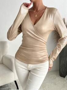 SHEIN Clasi Áo thun dài tay họa tiết bóng trơn màu cho nữ - Rượu sâm banh - Xem 6