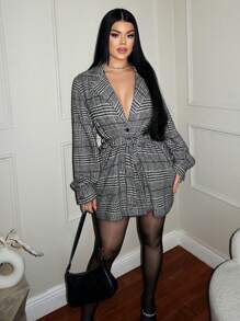 SHEIN SXY 秋季女装；女士办公室服装；千鸟格针织束带腰部夹克，秋冬