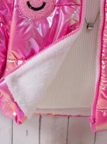 SHEIN 1pc Young Girls Casual Cute Pink Stitched Holographic Patch Zipper Coat Winter Warm - Pink - View 3